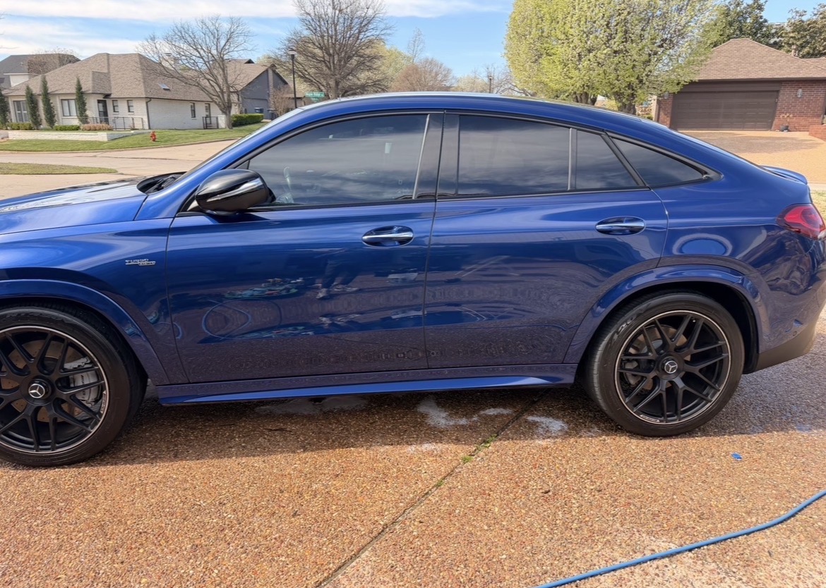 Blue Mercedes-AMG GLE Coupe side profile after detail